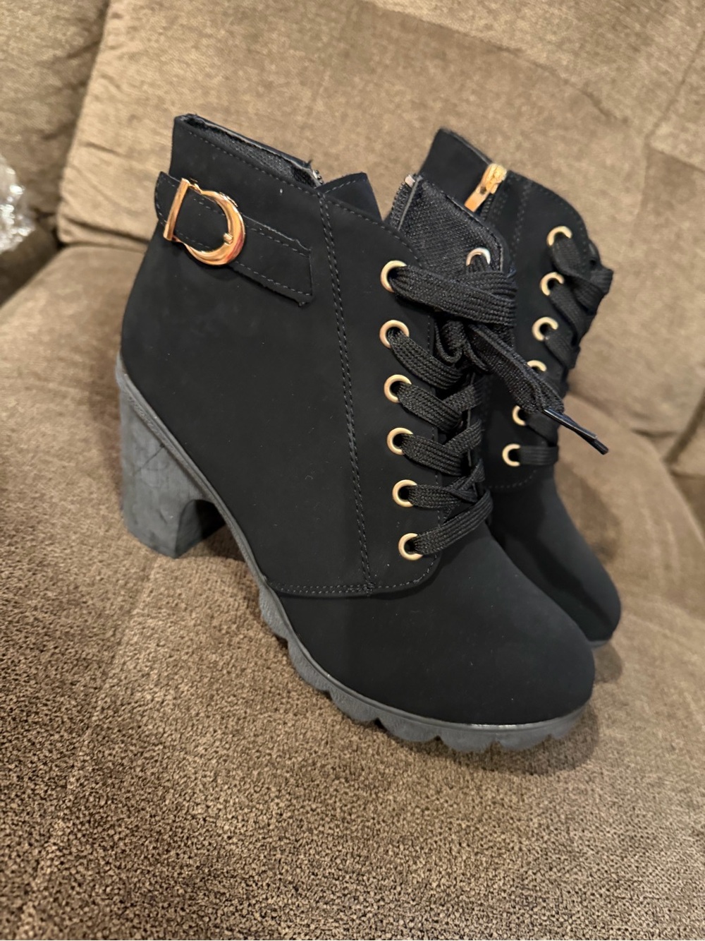 SHEIN Black Lace-Up Chunky Heel Ankle Boots with Gold Hardware
